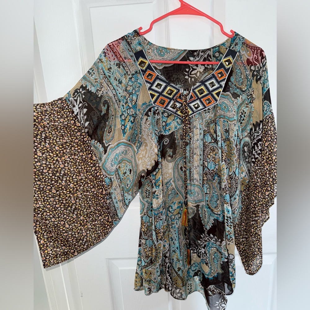 Graphic Blue and Brown Bell Sleeve Tunic - Picture 1 of 4